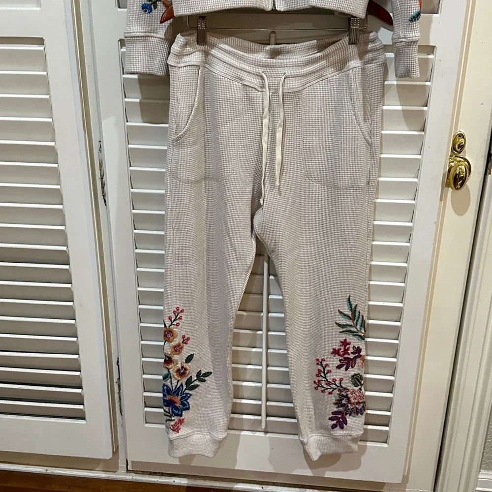 Johnny Was Cream Hoodie and Joggers Set with Multicolor Floral Embroidery - Picture 4 of 5